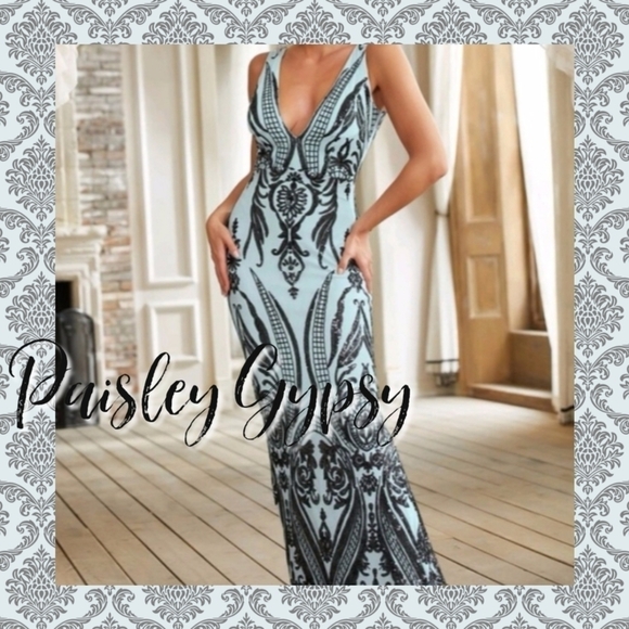 Sleeveless Deep V Neck and Back Baby Blue and Black Formal Gown - Picture 2 of 12